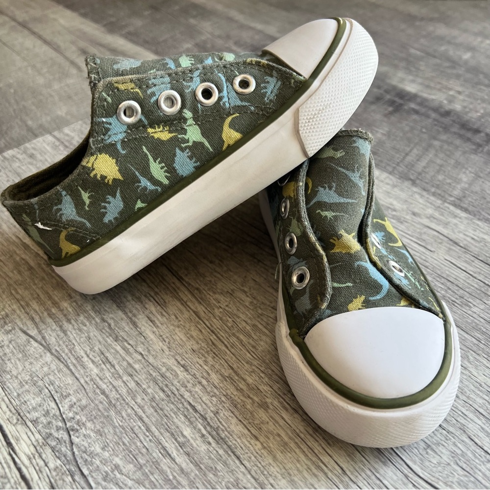 Dinosaur Print Kids Sneakers Size 9 Toddler Green Canvas Shoes